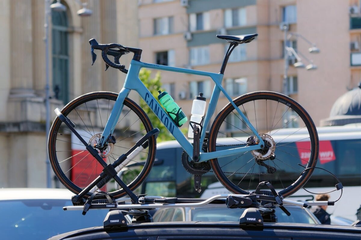A hitch-mounted bike rack on a car